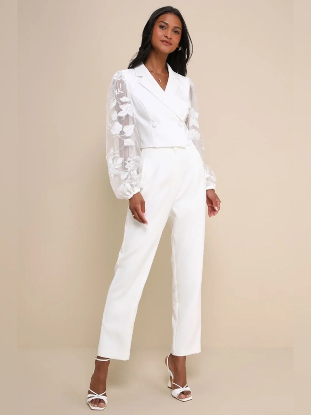 Lulus Exquisitely Stylish White Cropped Sheer Balloon Sleeve Blazer - Picture 2 of 9